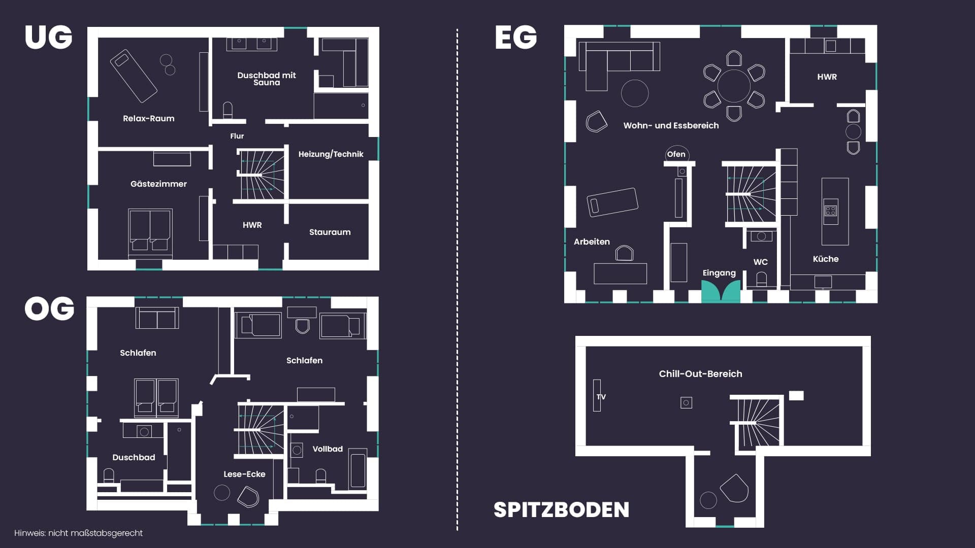 Die 4 Ebenen des Traumhauses auf Föhr als Grundriss abgebildet