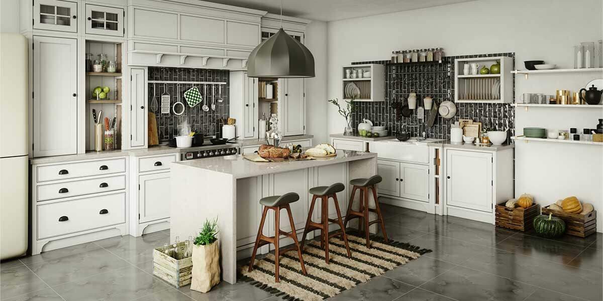 Eine Küche im Landhausstil mit weißen Möbeln und heller Inneneinrichtung